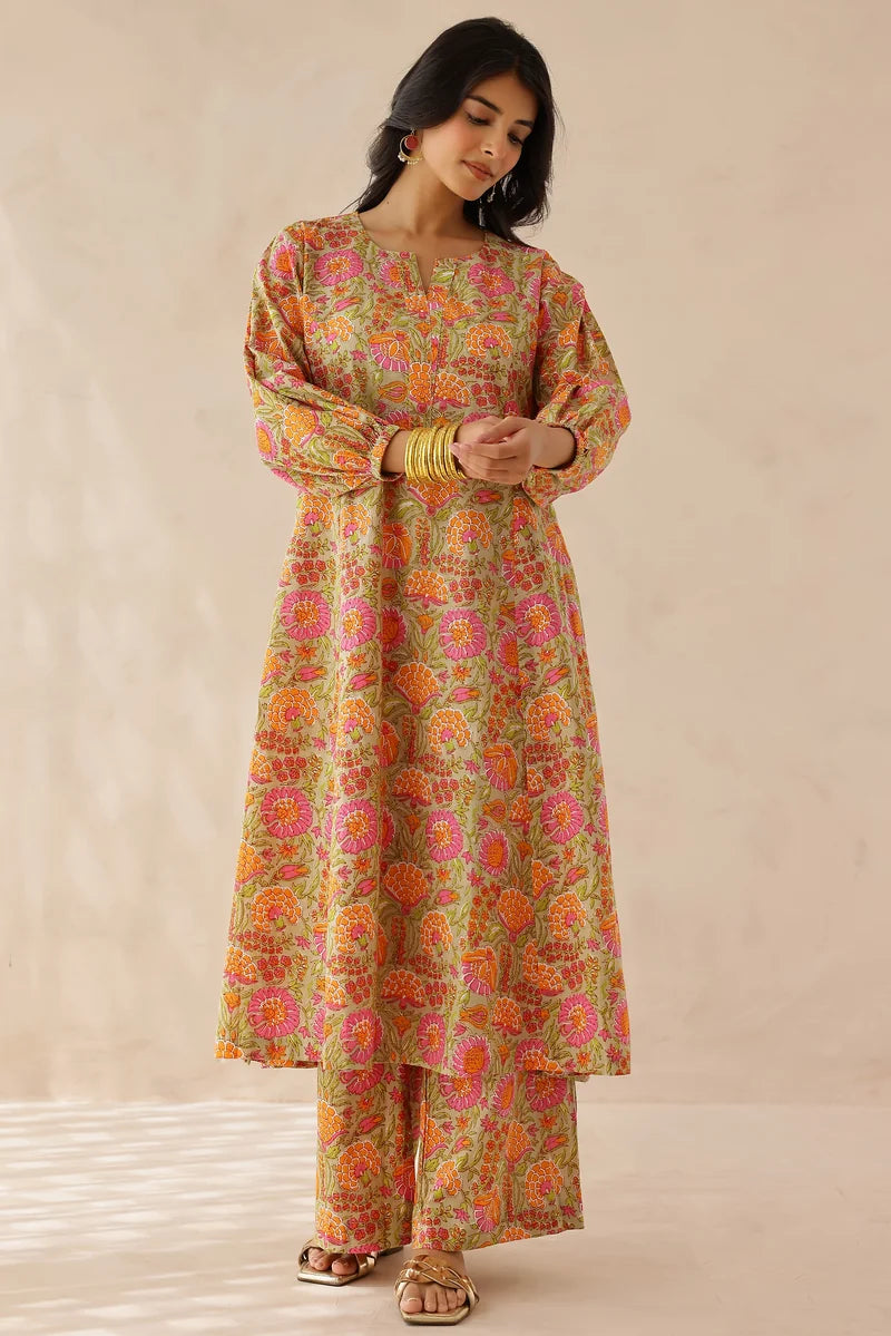 Orange Pink Printed Kurta with Palazzo- Set of 2