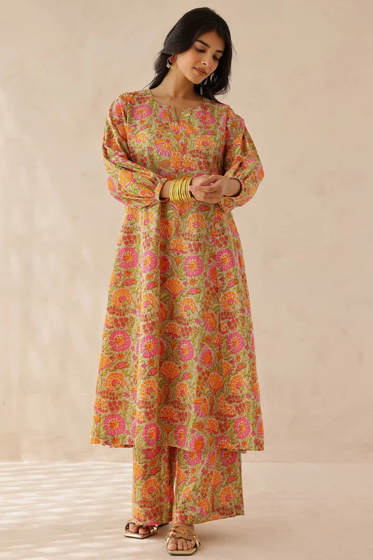 Orange Pink Printed Kurta with Palazzo- Set of 2