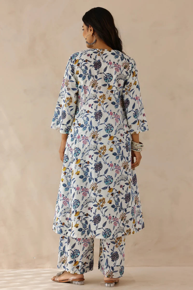 White Blue Floral Printed Kurta with Palazzo- Set of 2