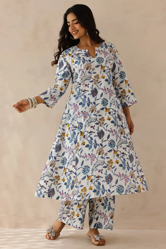 White Blue Floral Printed Kurta with Palazzo- Set of 2