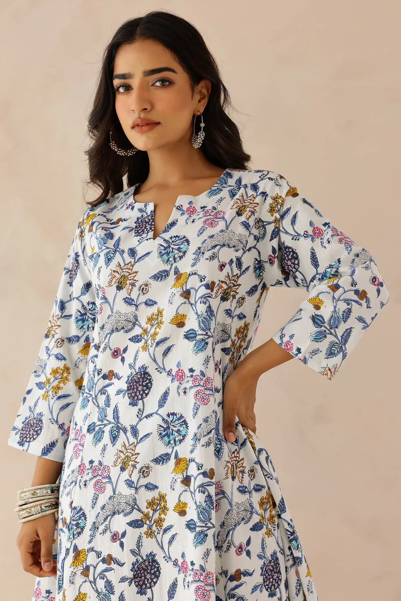White Blue Floral Printed Kurta with Palazzo- Set of 2