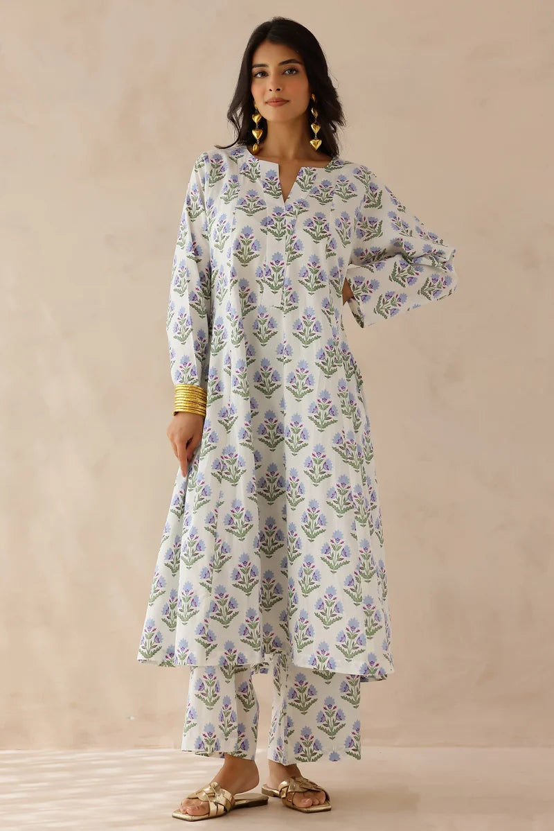 White Blue Printed Kurta with Palazzo- Set of 2