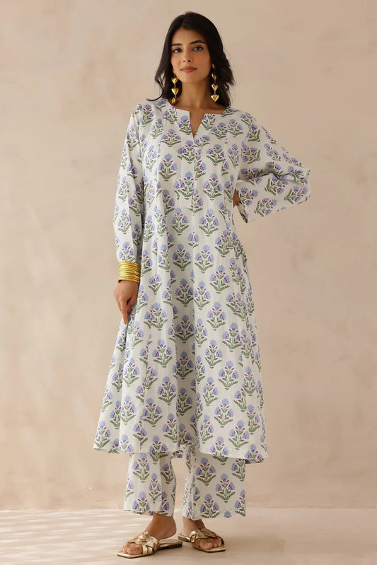 White Blue Printed Kurta with Palazzo- Set of 2
