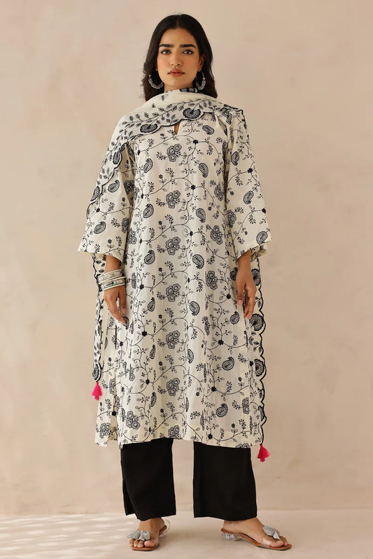 Ivory Embroidered Cotton Suit - Set of 3