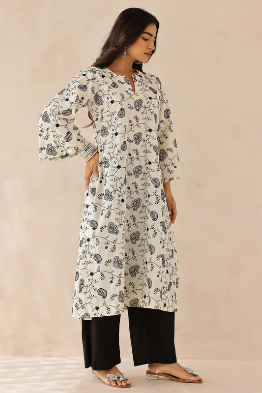Ivory Embroidered Kurta with Pants - Set of 2