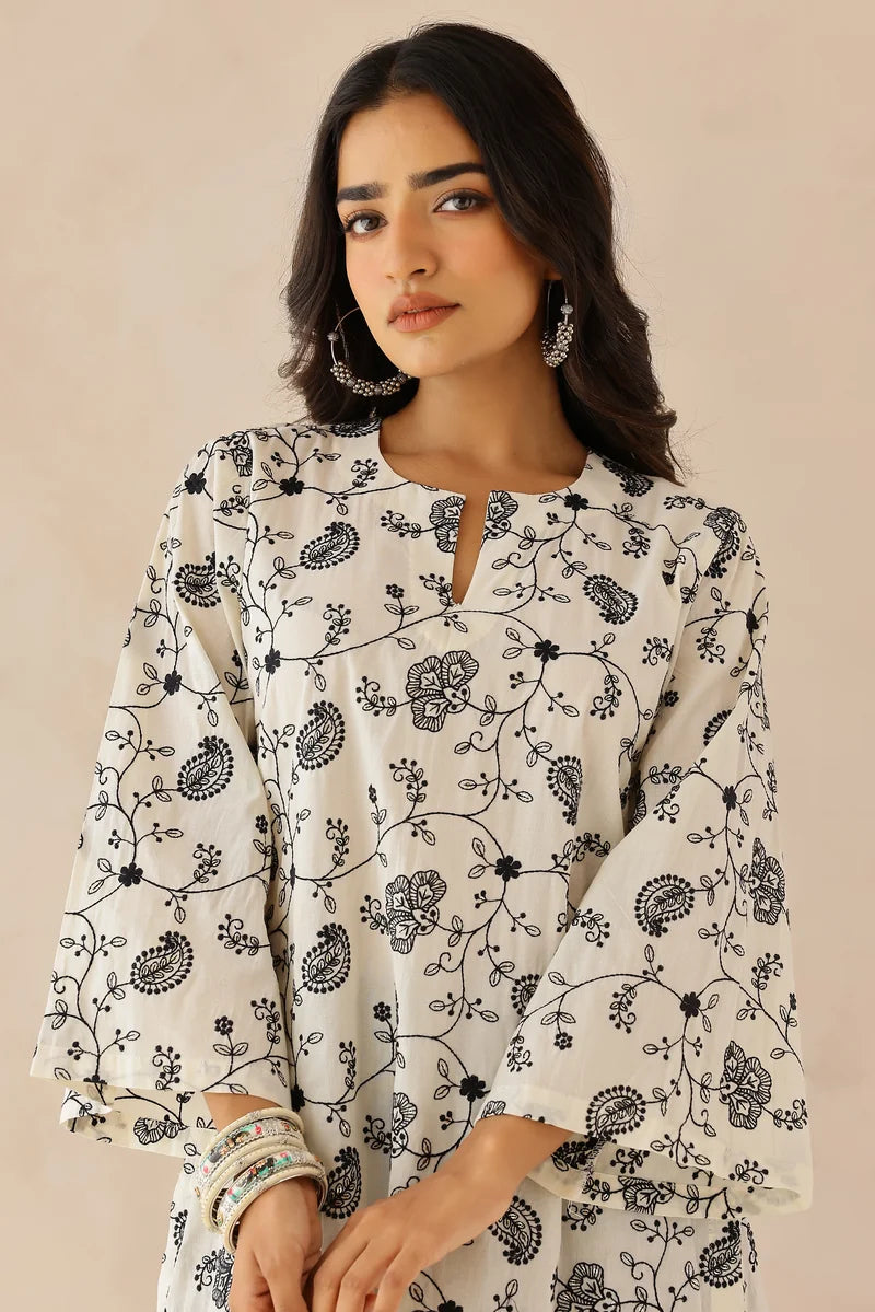 Ivory Embroidered Kurta with Pants - Set of 2