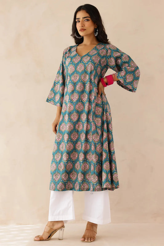 Blue Printed Kurta with Pants- Set of 2