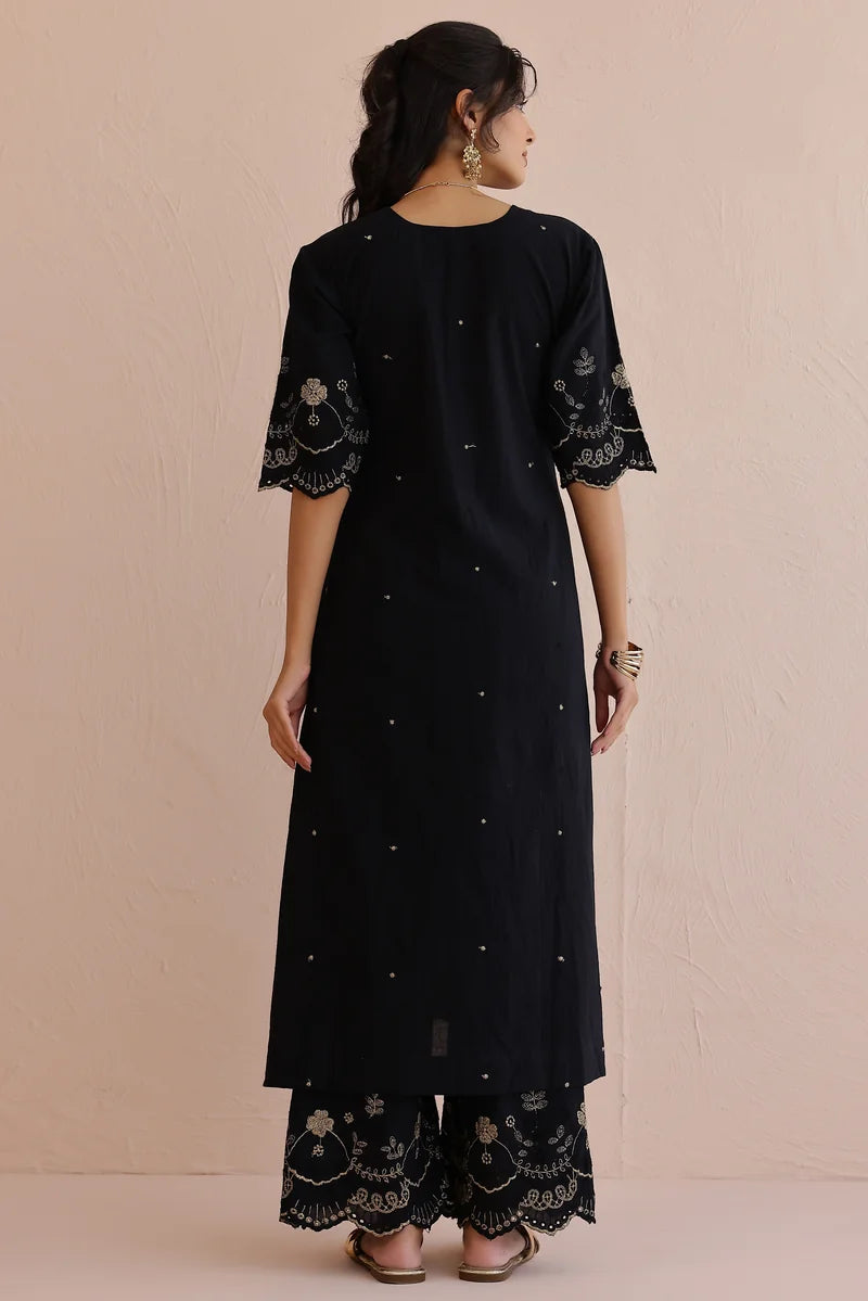 Black Embroidered Kurta with Pants - Set of 2