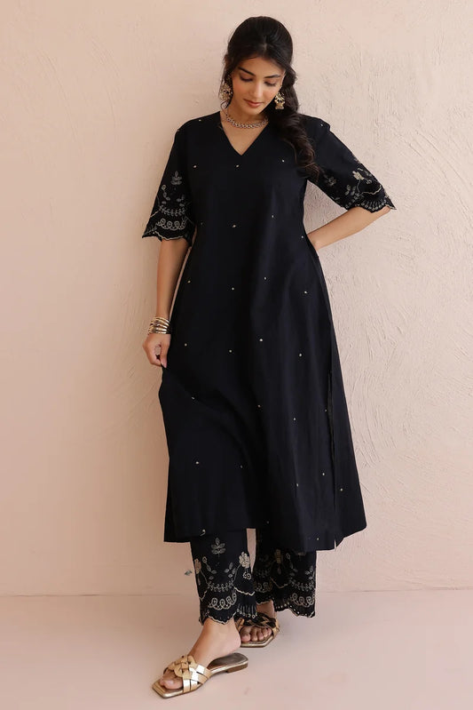 Black Embroidered Kurta with Pants - Set of 2