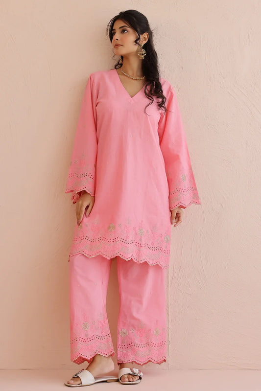 Pink Embroidered Kurta with Pants - Set of 2
