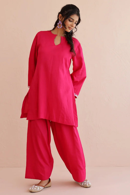 Pink Cotton Kurta with Farshi Salwar - Set of 2