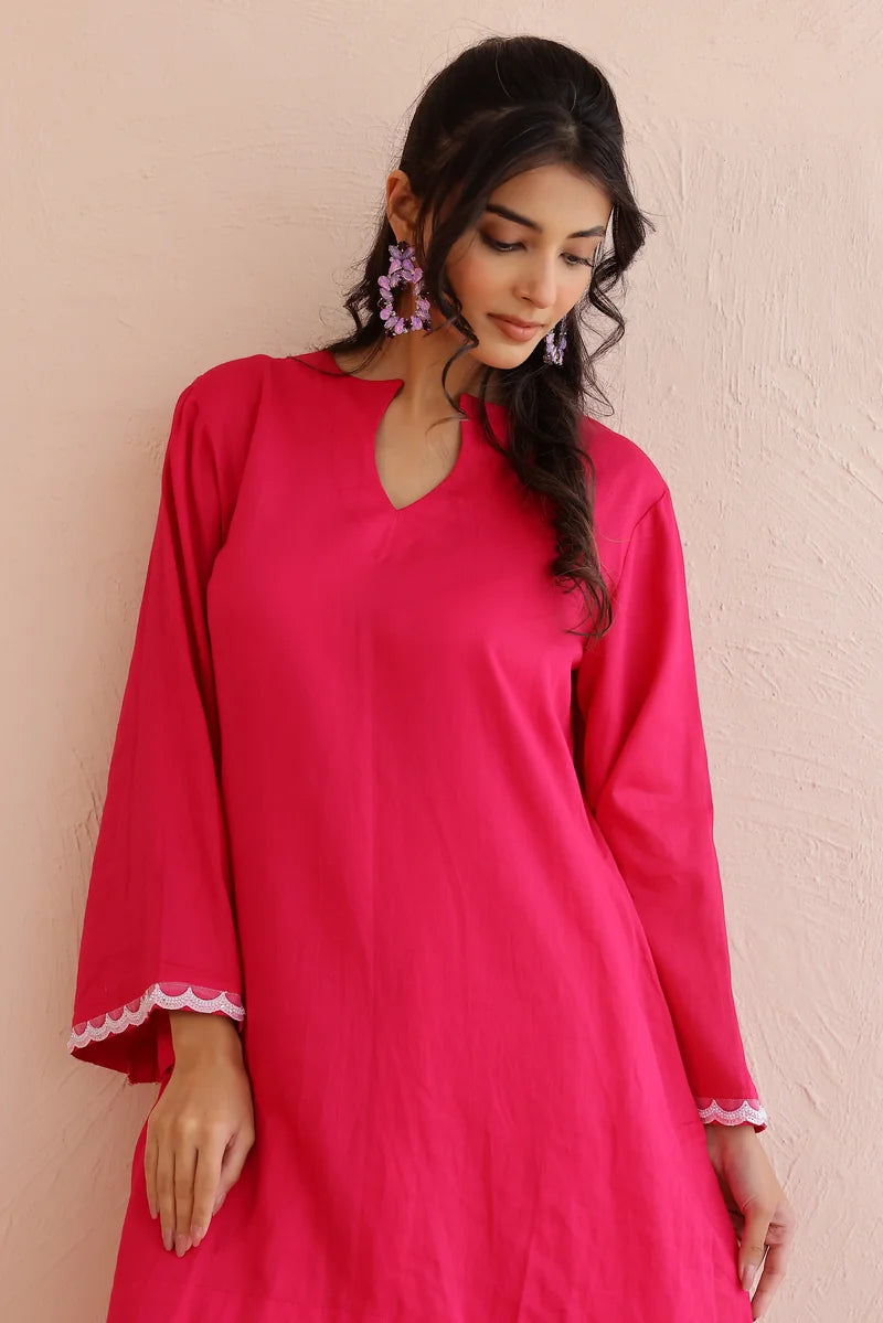 Pink Cotton Kurta with Farshi Salwar - Set of 2