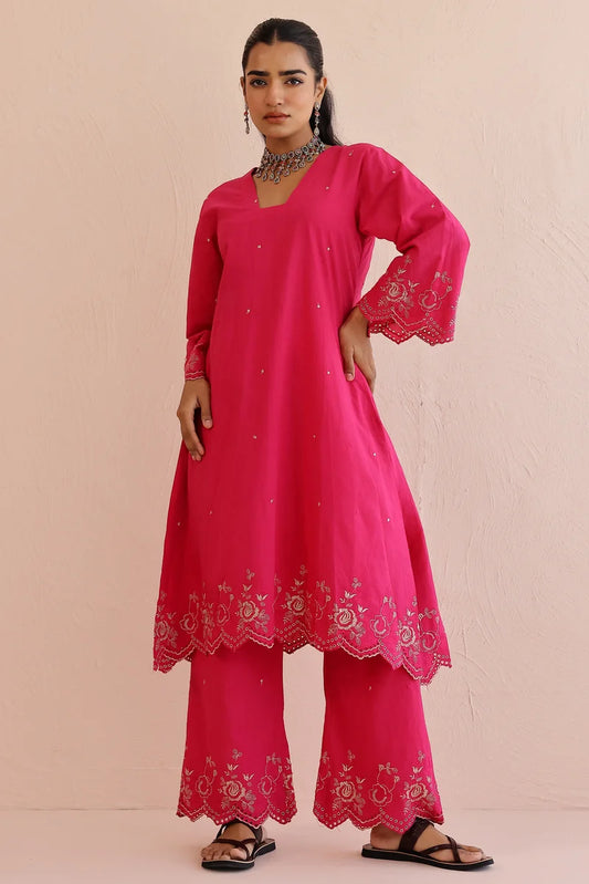 Pink Embroidered Kurta with Pants - Set of 2