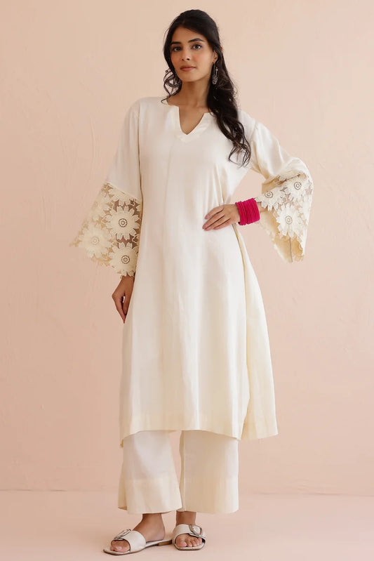 Ivory Cotton Kurta with Pants - Set of 2