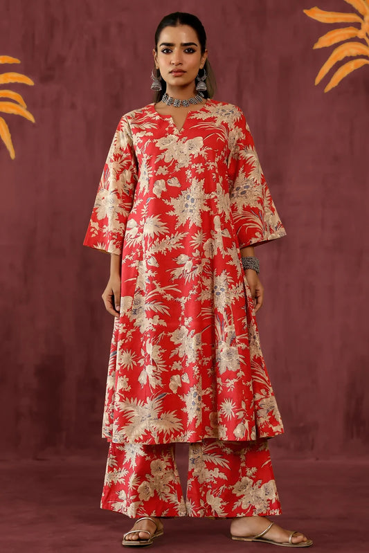 Red Beige Kurta with Pants - Set of 2