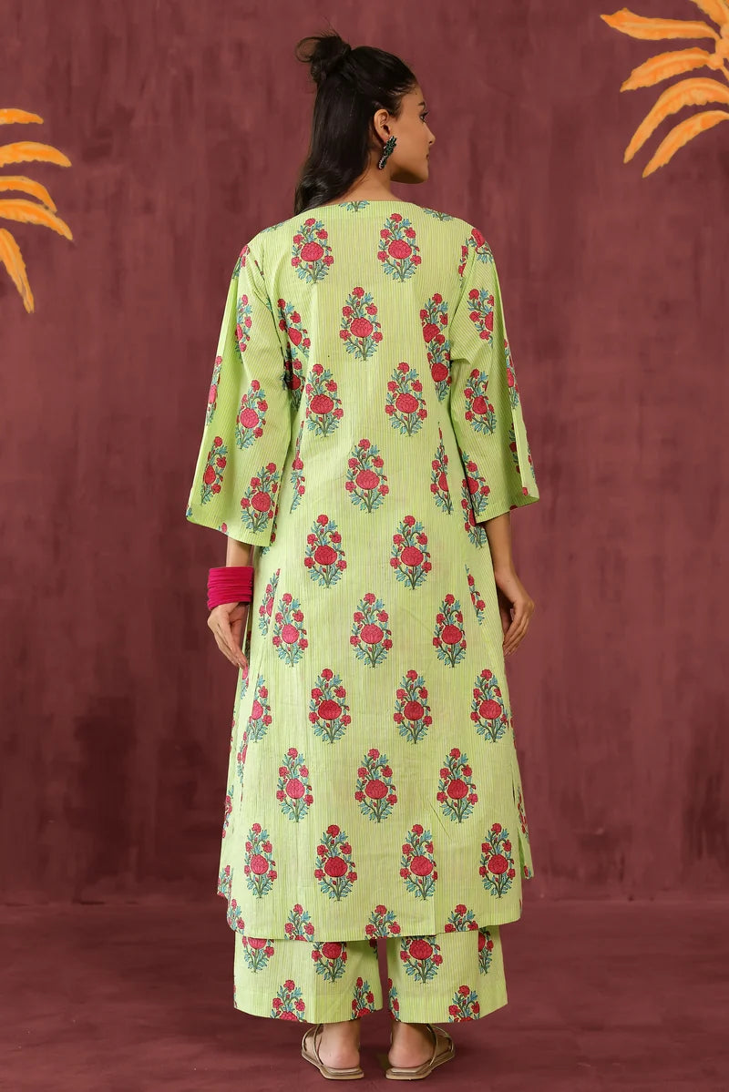 Green Pink Printed Kurta with Pants- Set of 2