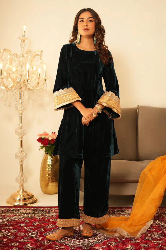 Teal Blue Velvet Kurta with Pant - Set of 2