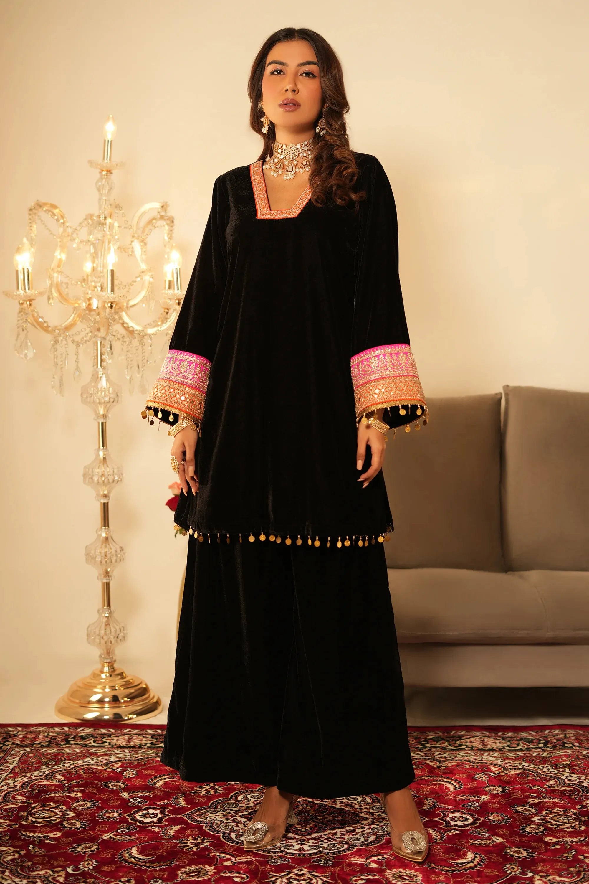 Black Velvet Kurta With Sharara- Set of 2