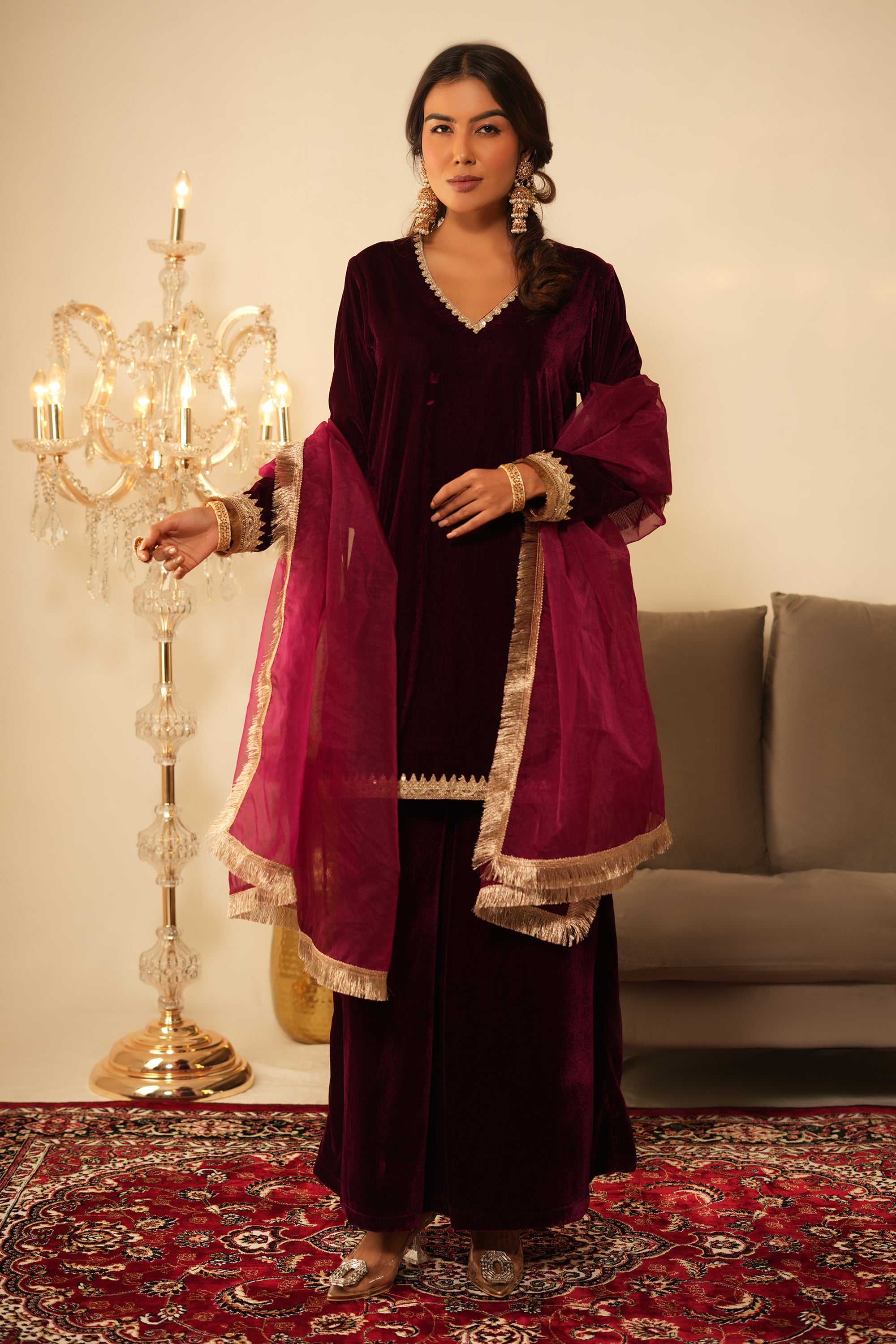 Wine Velvet Sharara - Set of 3