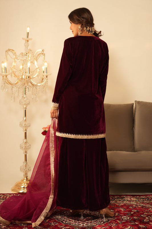 Wine Velvet Sharara - Set of 3