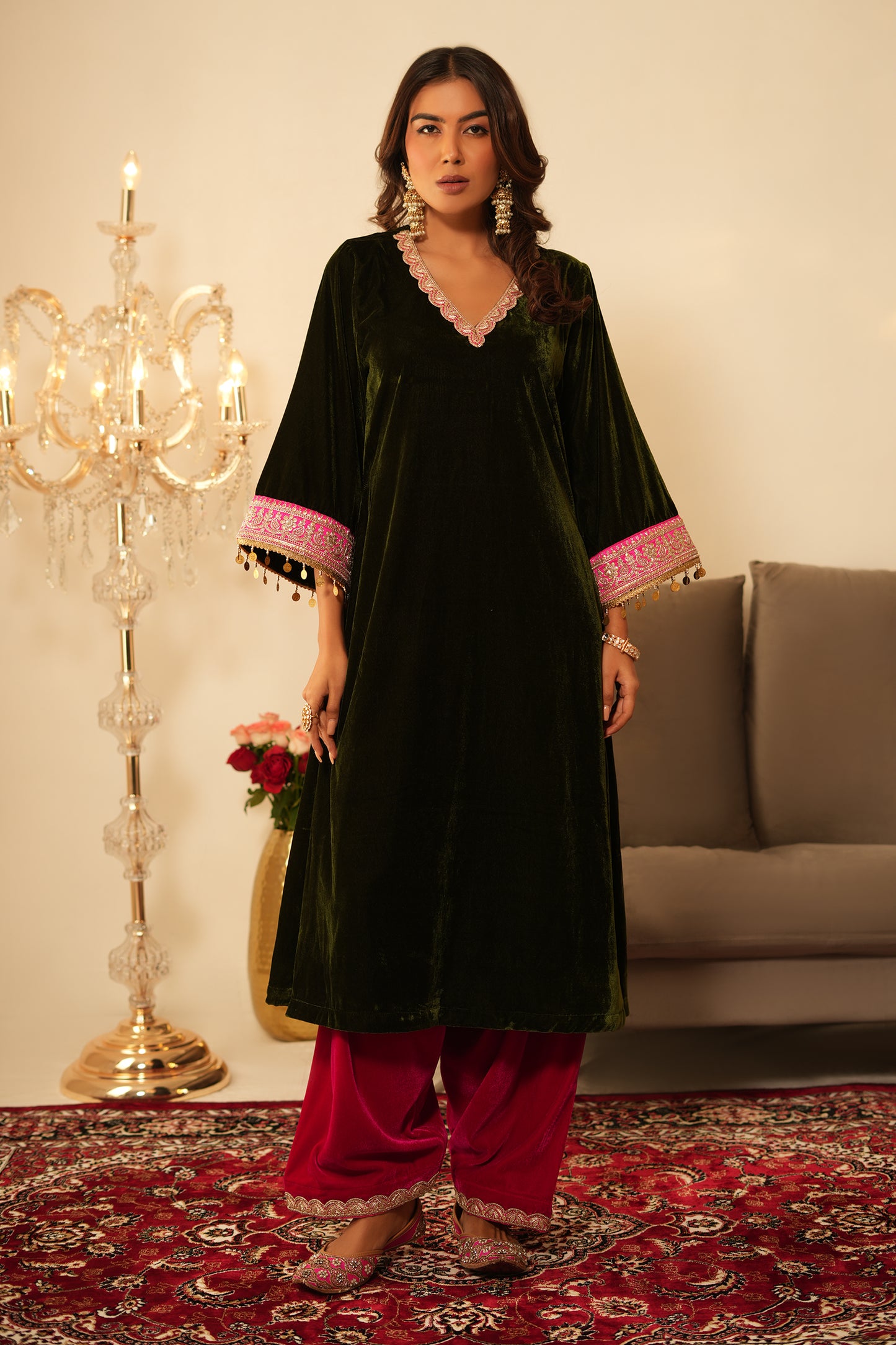 Mehendi Velvet Kurta Set - Set of 2