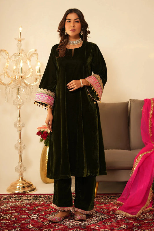 Mehendi Velvet Kurta with Pant - Set of 2