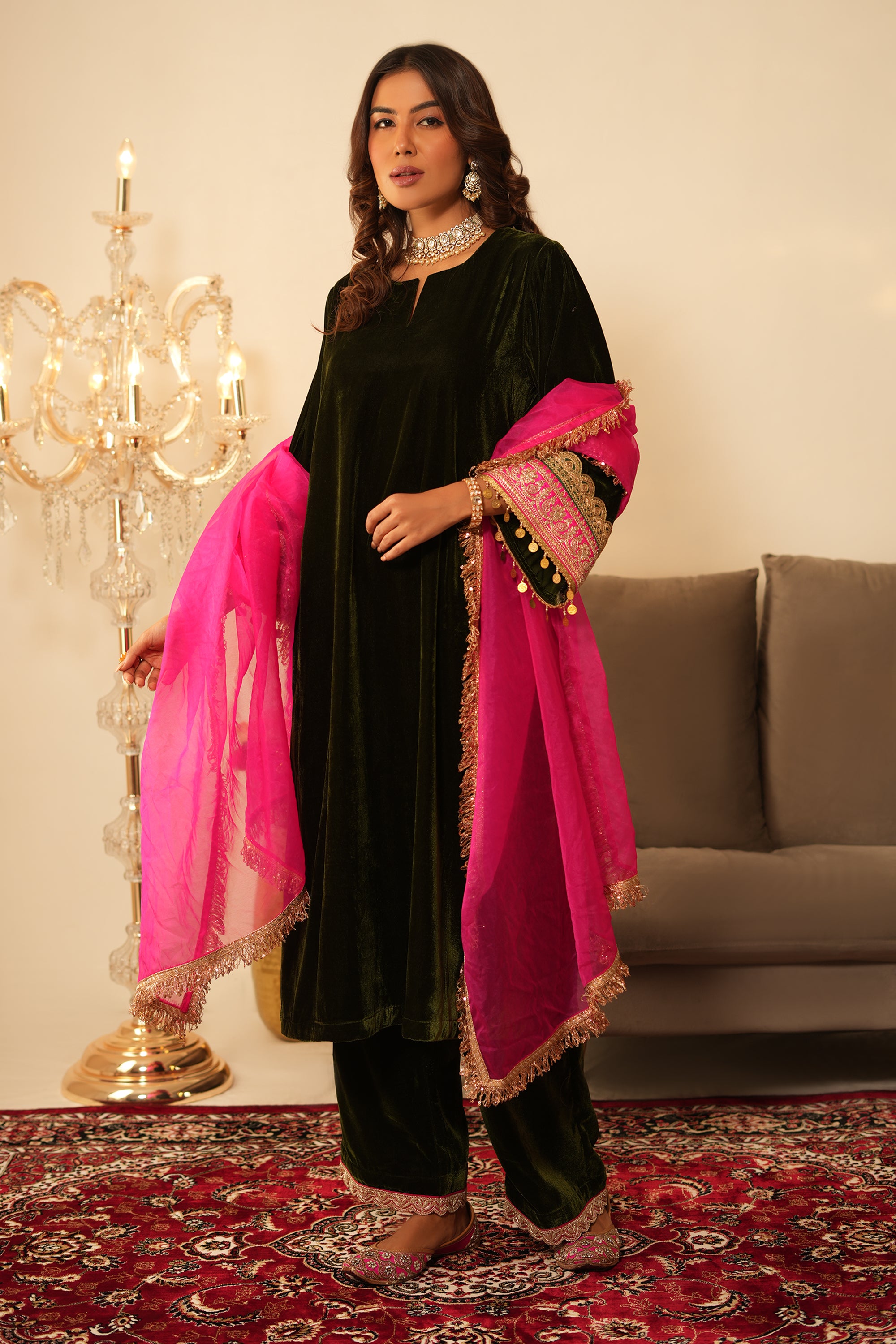 Mehendi Velvet Suit - Set of 3