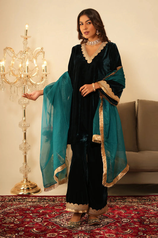 Teal Blue Velvet Suit - Set of 3