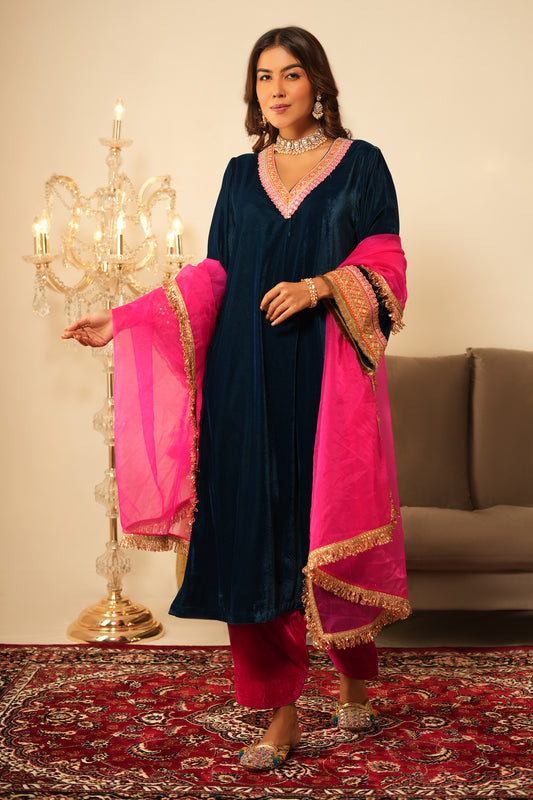 Blue Velvet Suit - Set of 3