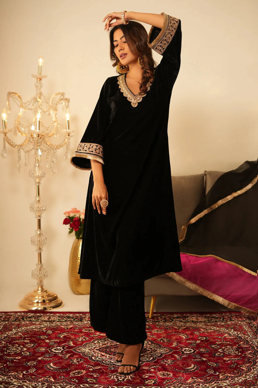 Black Velvet Kurta with Pant - Set of 2
