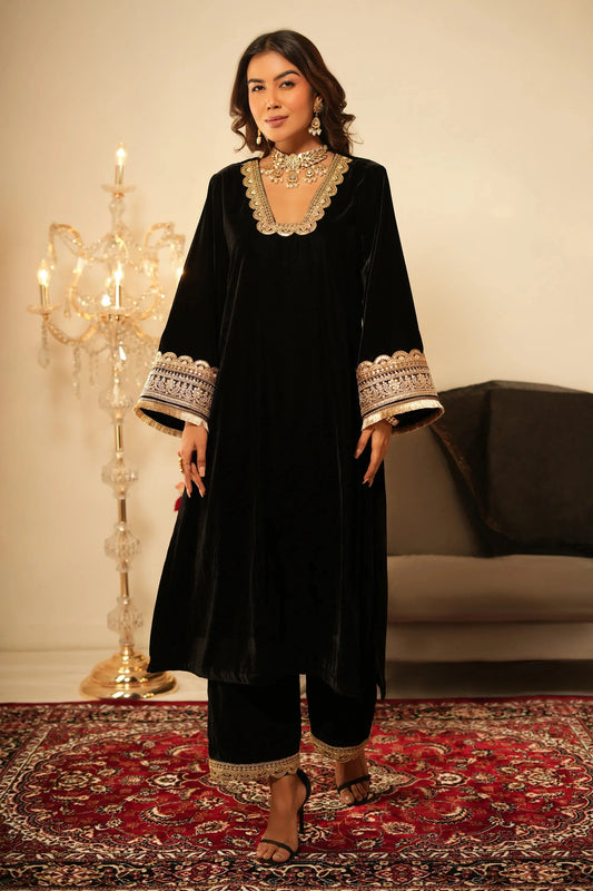 Black Velvet Kurta with Pant - Set of 2