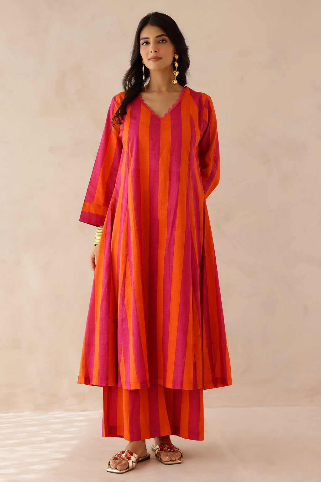 Orange Pink Striped Cotton Kurta with Palazzo Set of 2 for women featuring V neckline, 3/4th sleeves, lace detailing, and matching striped palazzo with elastic waist