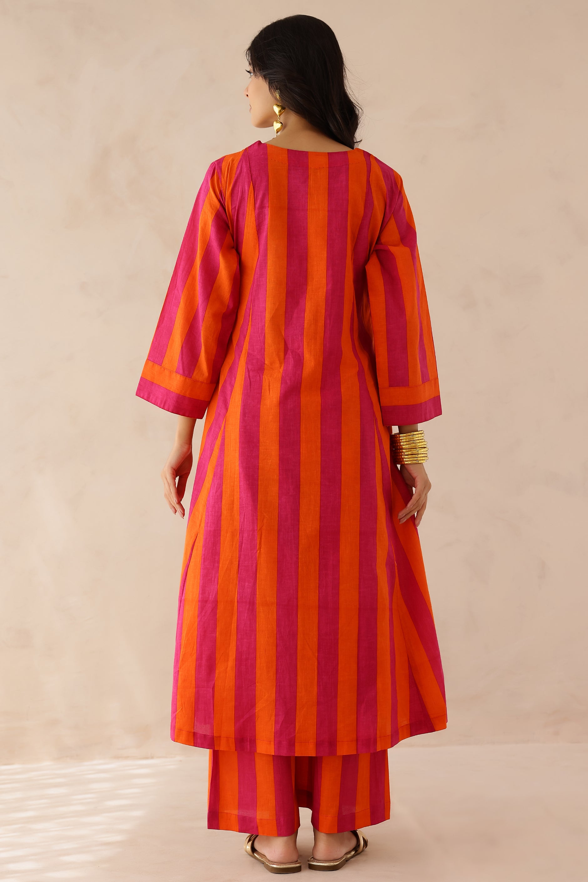 Orange Pink Striped Cotton Kurta with Palazzo Set of 2 for women featuring V neckline, 3/4th sleeves, lace detailing, and matching striped palazzo with elastic waist